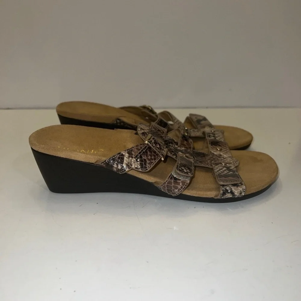 Vionic Radia Wedge Sandals Adjustable Triple Strap Snakeskin Slides
